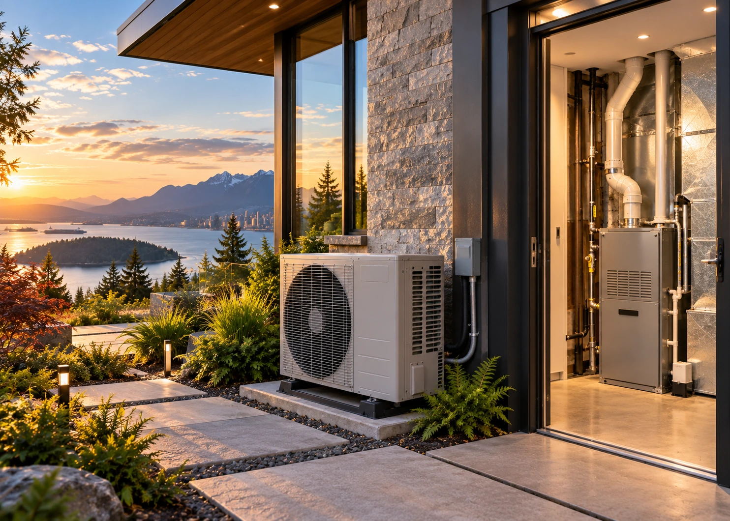 Illustrative high-efficiency gas furnace and outdoor heat pump at a luxury Vancouver-area home
