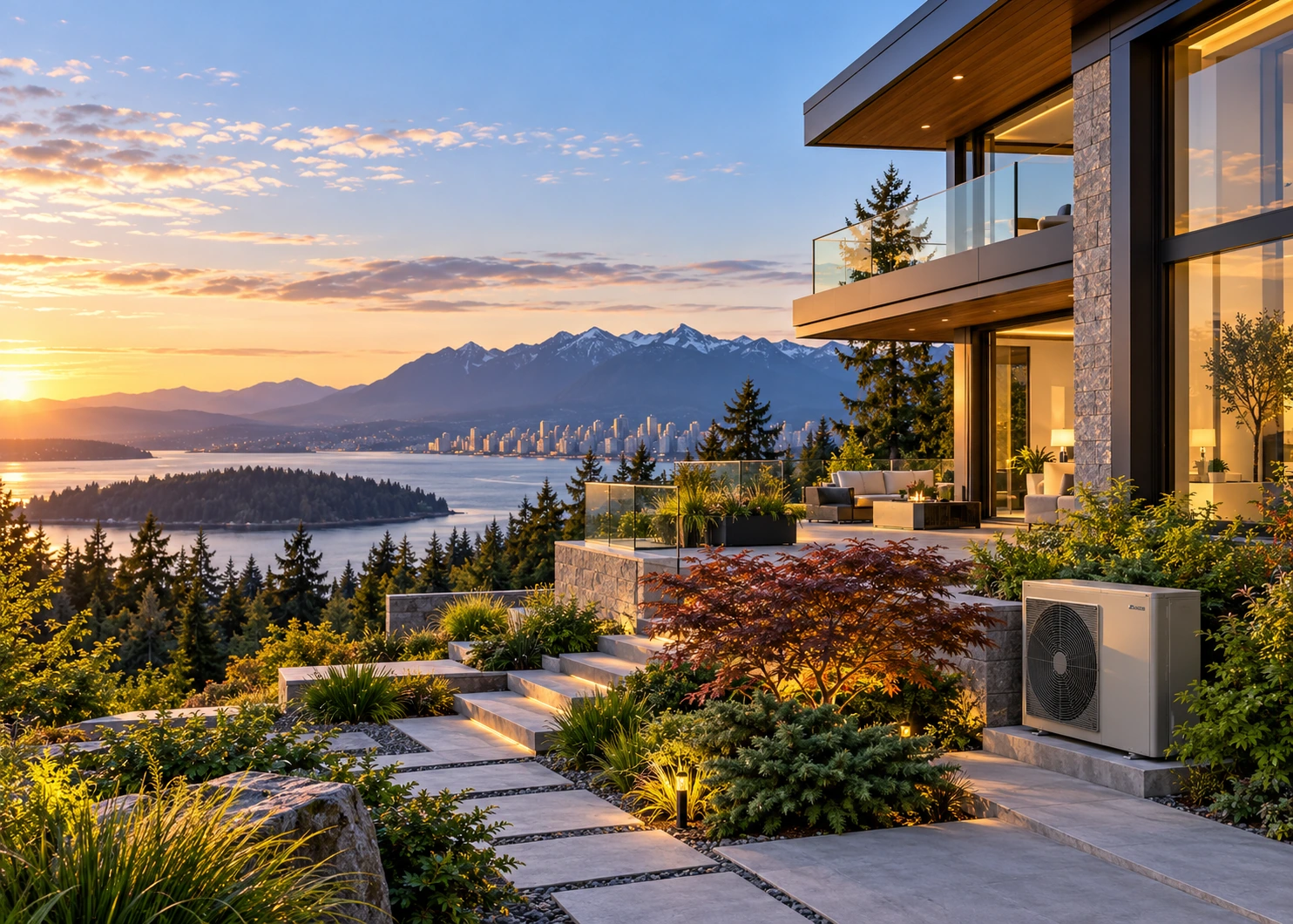 Illustrative modern British Columbia home with an outdoor heat pump and coastal mountains