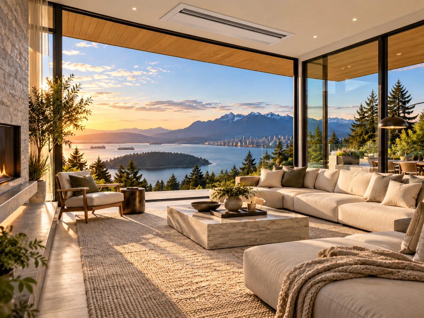 Illustrative luxury Vancouver living room with North Shore mountain views and recessed one-way ceiling cassette air conditioner
